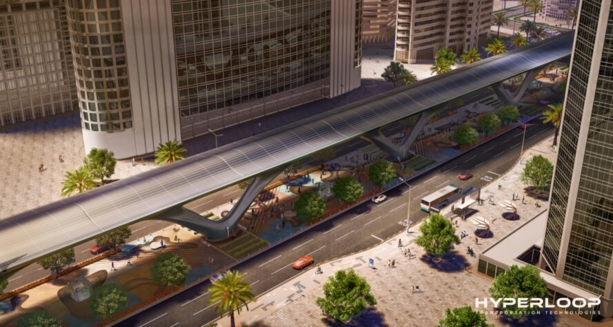 aerial rendering of Hyperloop between roads