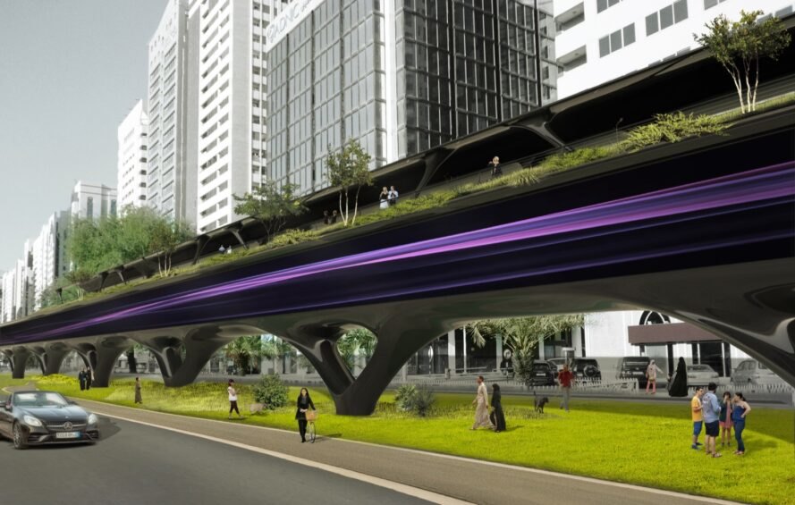 Rendering of plants growing atop a Hyperloop