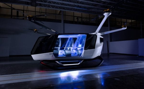 rendering of dark aircraft with open side door