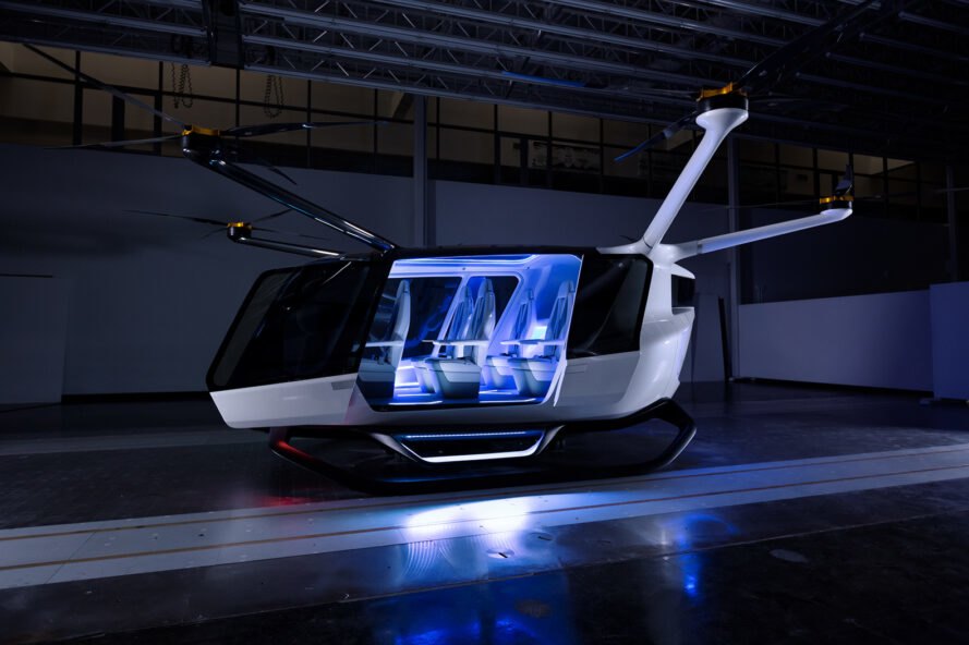 rendering of dark aircraft with open side door