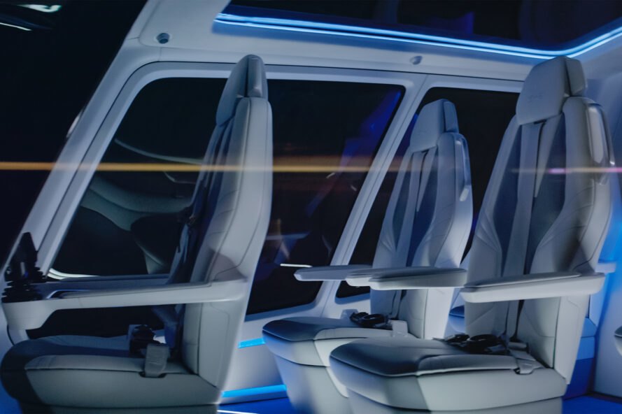 rendering of gray seats inside an aircraft