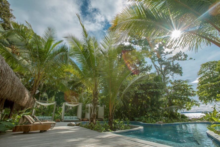 covered lounge chairs by a pool surrounded by palm trees