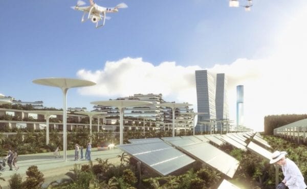 rendering of city with a few tall buildings and several solar panels