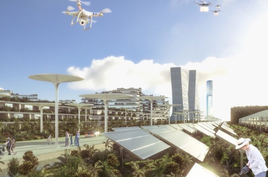 rendering of city with a few tall buildings and several solar panels