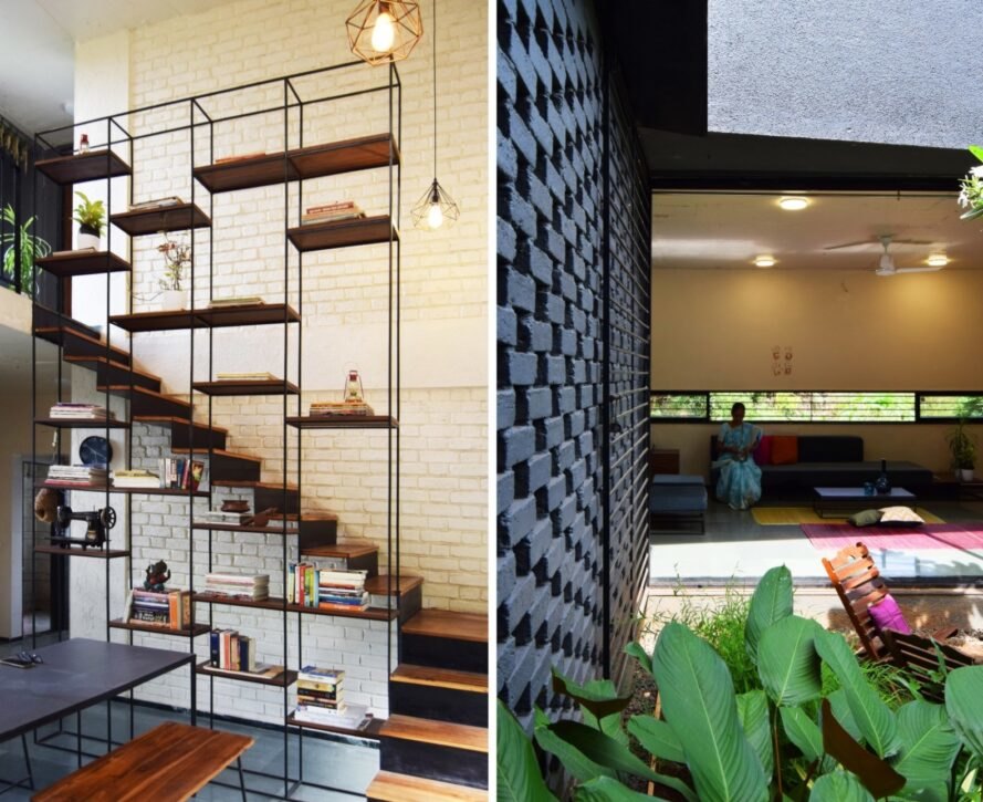 two images. to the left, an interior with a large, open bookshelf in front of a staircase to the second floor. to the right, a green plant in the foreground and a person in the background sitting on a sofa inside