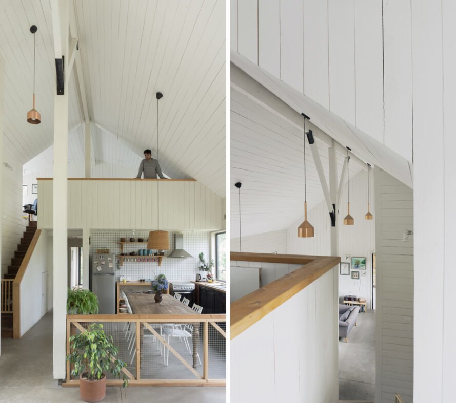 white interiors with pitched ceiling and light wood design accents